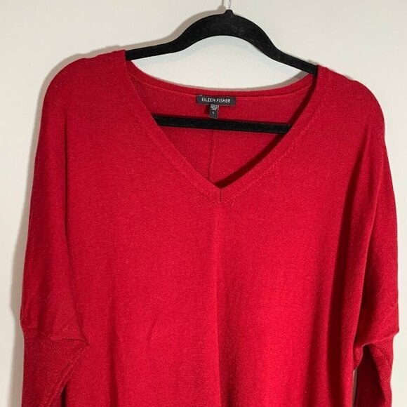 Eileen Fisher red‎ elbow sleeve 100% merino wool pullover v-neck lightweight top - Picture 3 of 11